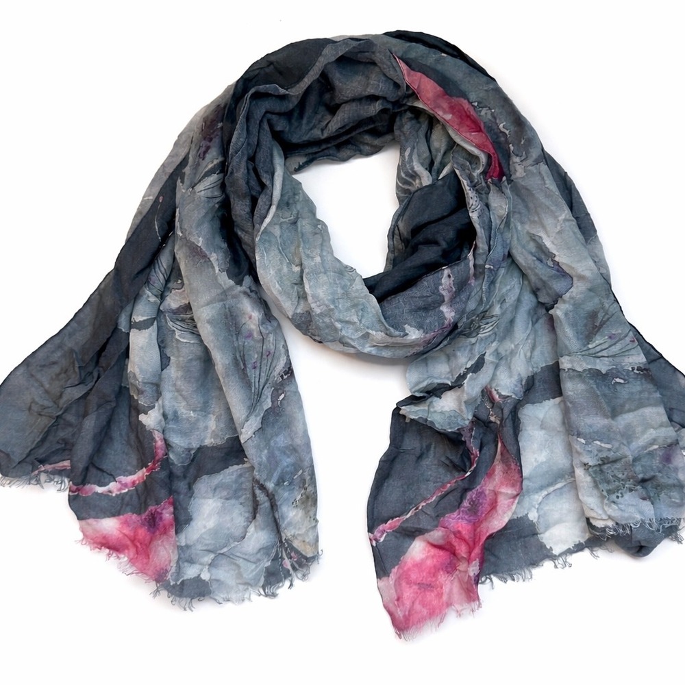 Johnstons of Elgin Soft Large Floral Print Scarf Shawl Womens Gray Pink